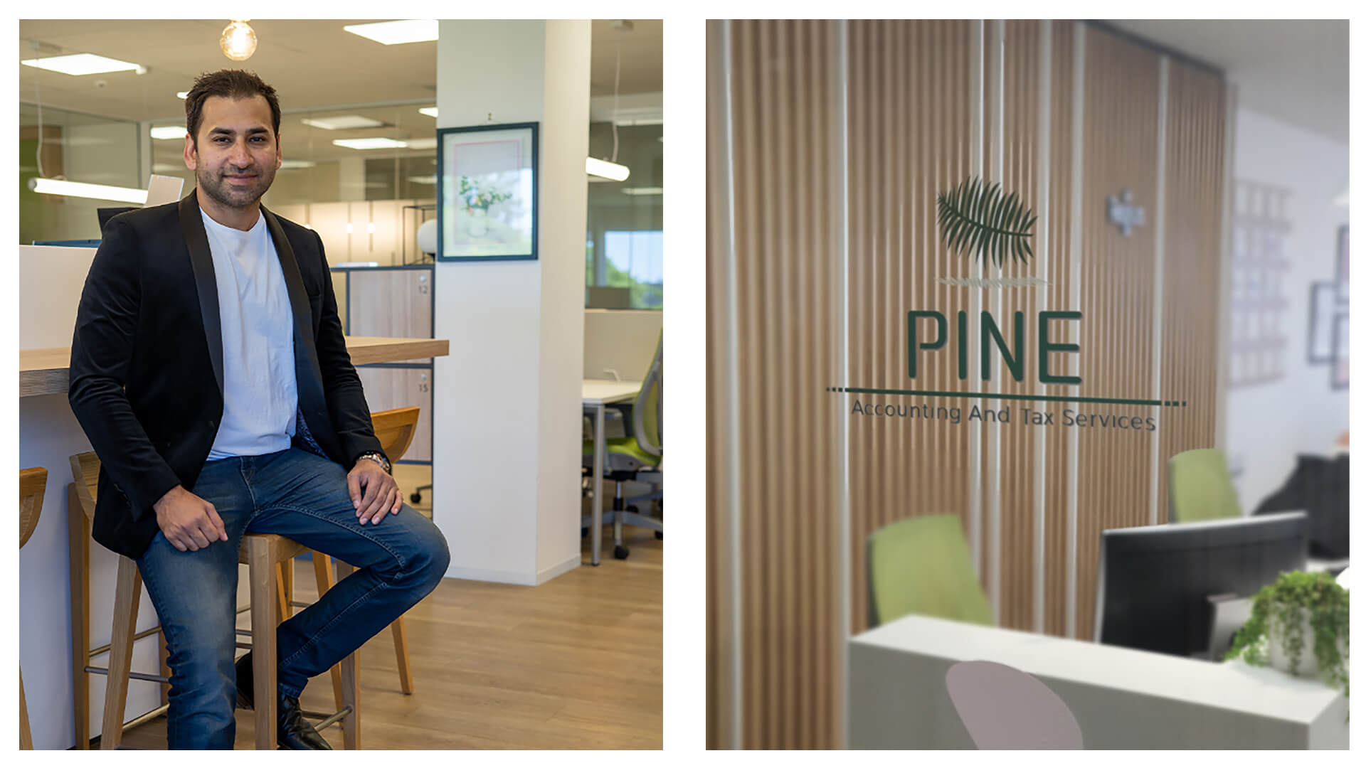 Two images side by side. Left: Hamza Maqbool the managing director of Pine Accounting. Right: the front door and reception area at Pine Accounting