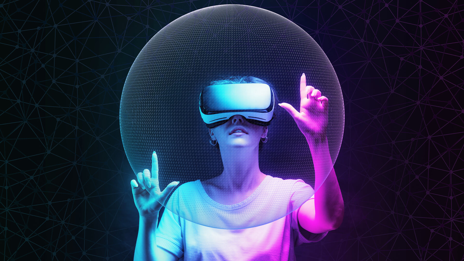 Portrait of young woman in VR glasses creates mesh sphere.