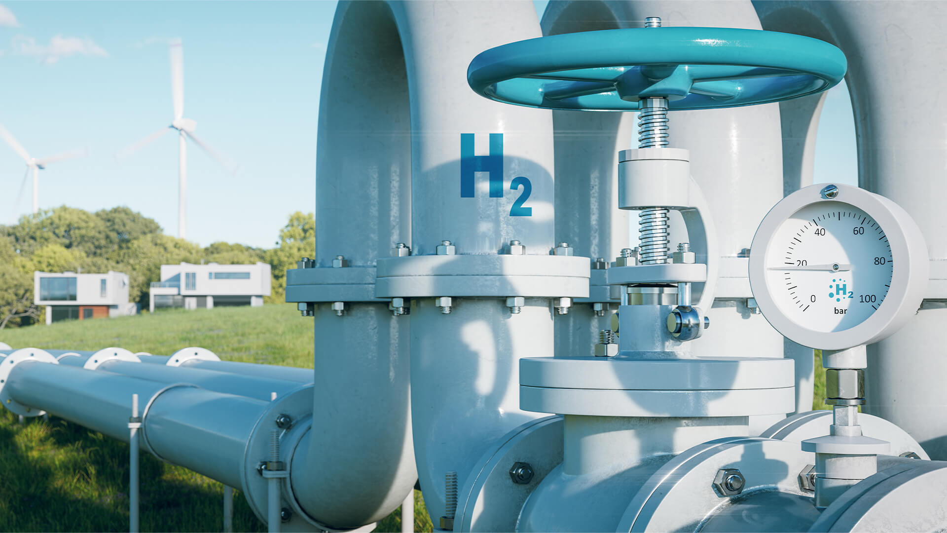A hydrogen pipeline to houses illustrating the transformation of the energy sector towards clean, carbon-neutral, safe and independent energy sources