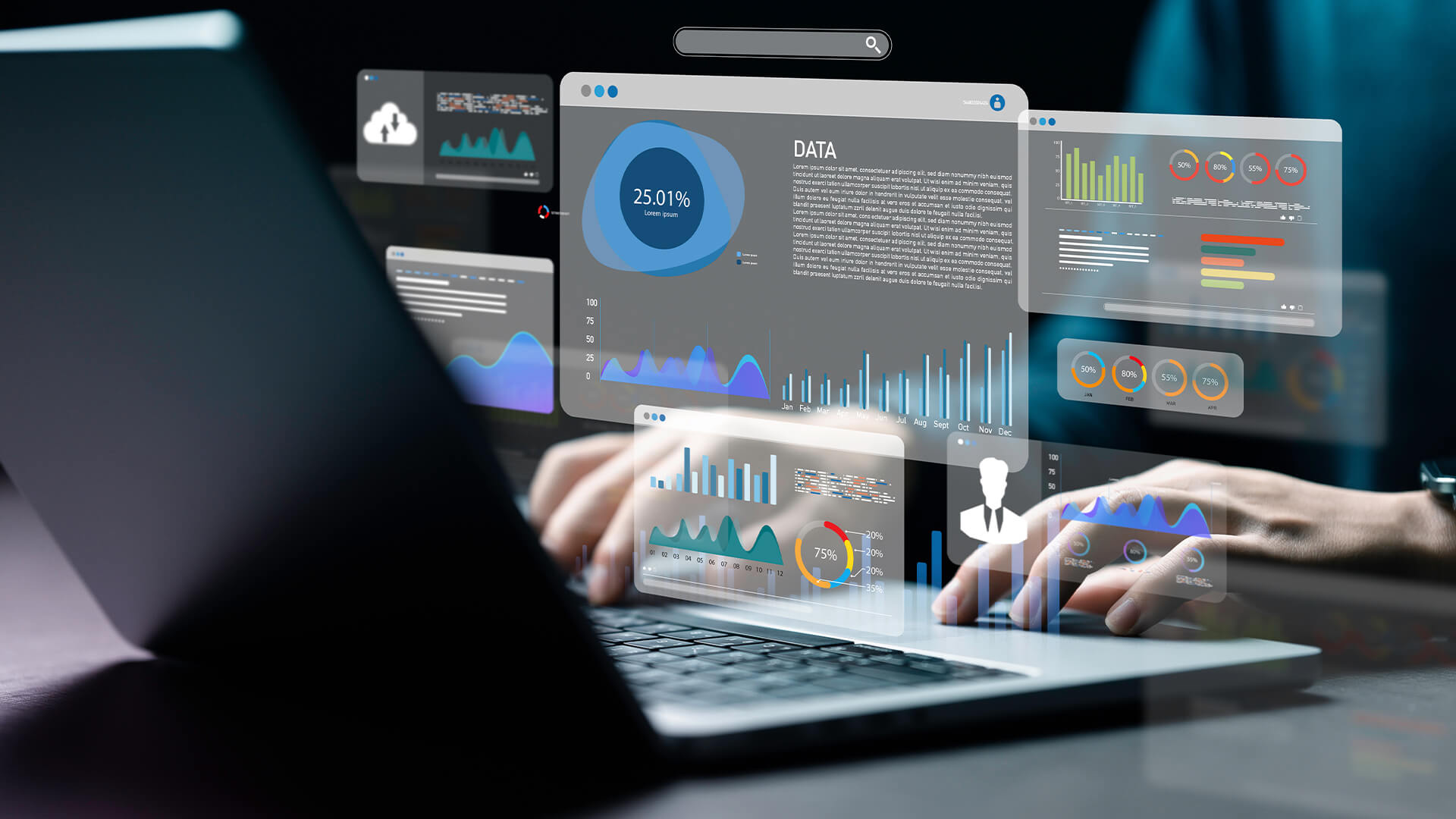 An analyst uses a computer and dashboard for data business analysis and Data Management System with KPI and metrics connected to the database for technology finance