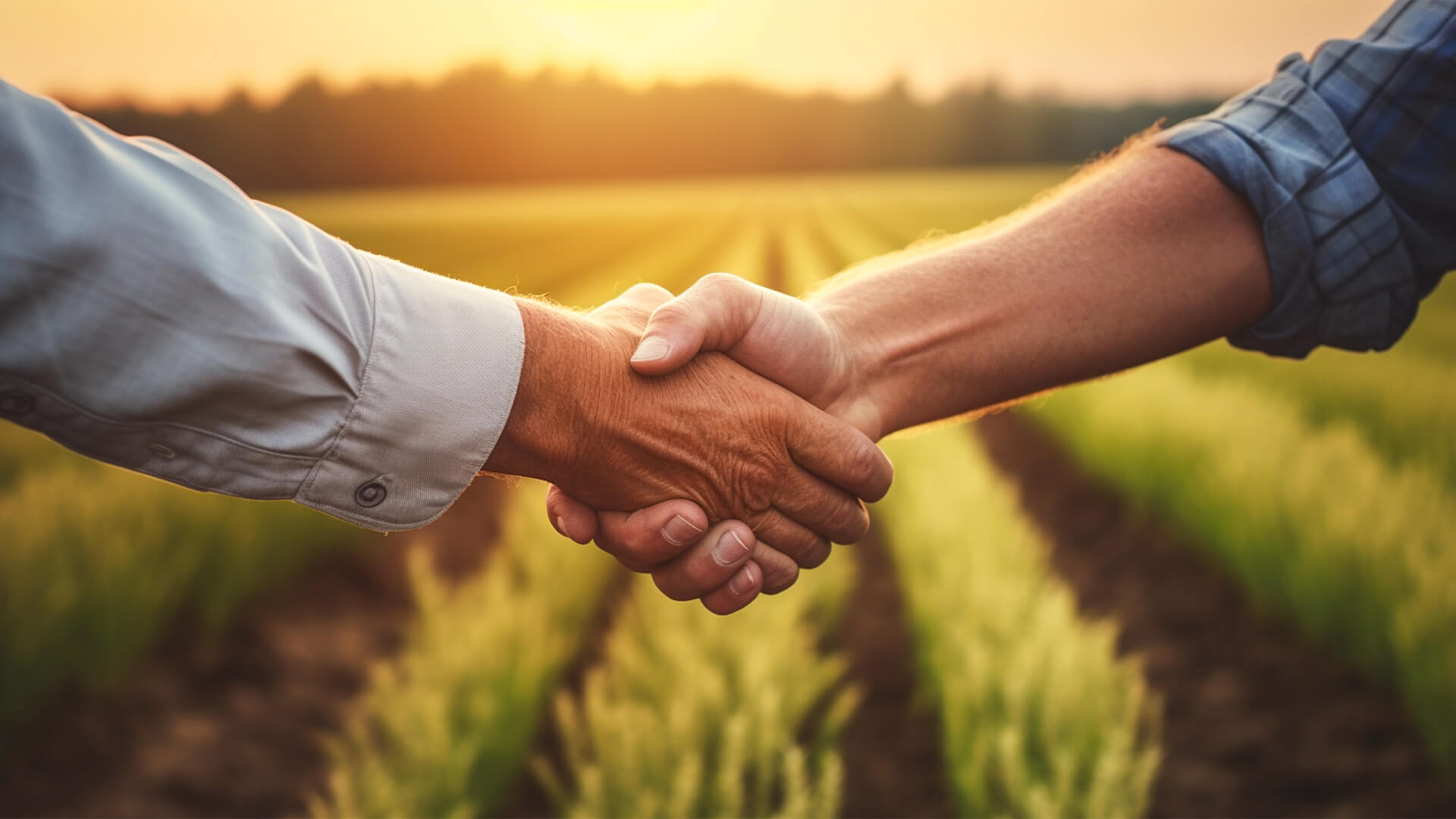 Two farmer standing and shaking hands in a wheat field